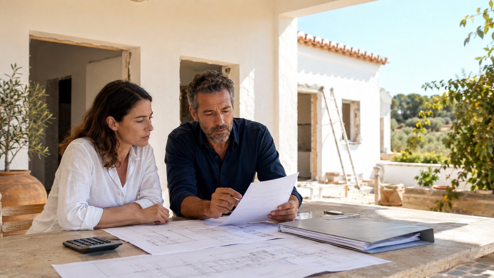 Homeowner and builder reviewing renovation plans at a Portuguese property
