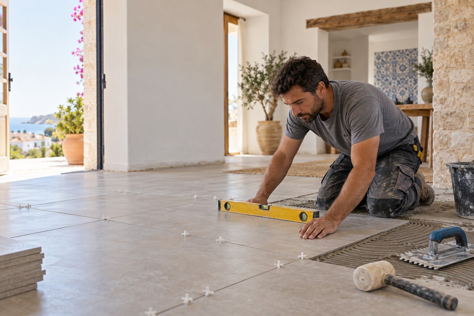 Professional tiler laying patterned tiles in a bright Portuguese home